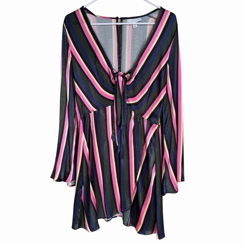 TOPSHOP Stripe Knot Front‎ Mini Dress Size 6 Long Bell Sleeves Silky Black Pink